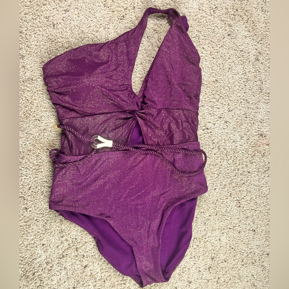 Purple and Gold One Piece Swim Suit Sz. L with belt and gold accents
